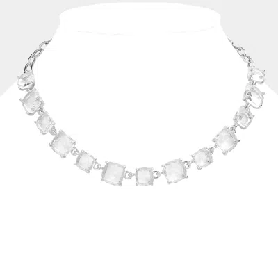 Fashnzfab Cushion Square Stone Link Evening Necklace In Metallic