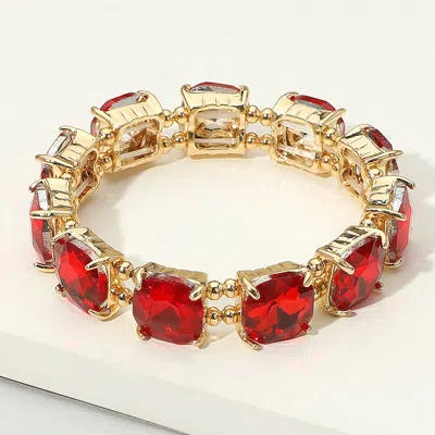 Fashnzfab Cushion Square Stone Stretch Evening Bracelet Gold, Red In Multi