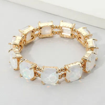 Fashnzfab Cushion Square Stone Stretch Evening Bracelet - Opal, White In Silver