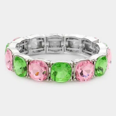 Fashnzfab Cushion Square Stone Stretch Evening Bracelet Pink & Green In Multi