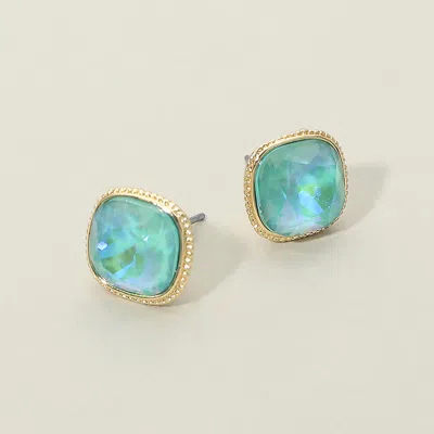 Fashnzfab Cushion-cut Faceted Iridescent Stone Stud Earrings In Green