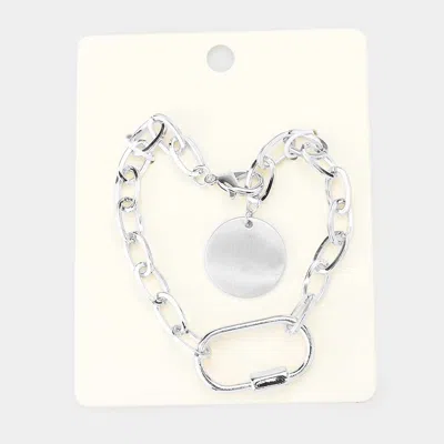Fashnzfab Cut Out Oval Metal Disc Charm Chain Link Bracelet Rhodium In Silver