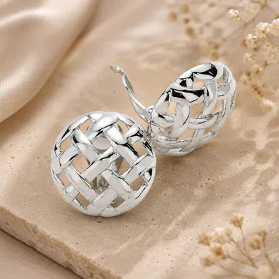 Fashnzfab Cut Out Plaid Pattern Round Clip On Earrings In Metallic