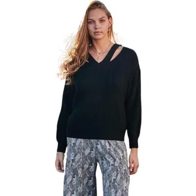 Fashnzfab Cut Out V Neck Sweater In Black
