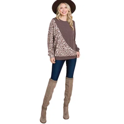 Fashnzfab Cute Animal French Terry Brush Contrast Print Pullover With Cuff Detail In Brown