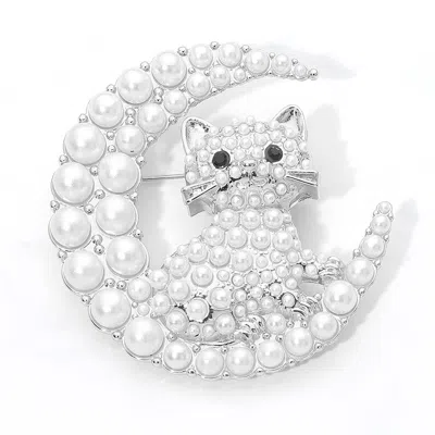 Fashnzfab Cute Pearl Cat Crescent Moon Pin Brooch In Multi