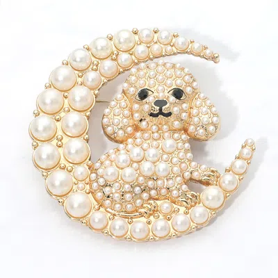 Fashnzfab Cute Pearl Dog Crescent Moon Pin Brooch In Multi