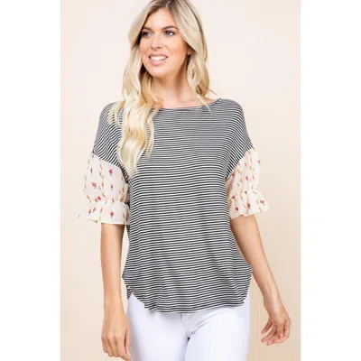 Fashnzfab Cute Striped Curved Hem Casual Top In Beige