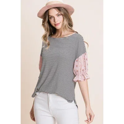 Fashnzfab Cute Striped Curved Hem Casual Top In Pink