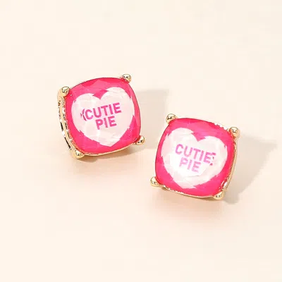Fashnzfab Cutie Pie Message Heart Square Cushion Stud Earrings Fuchsia In Pink