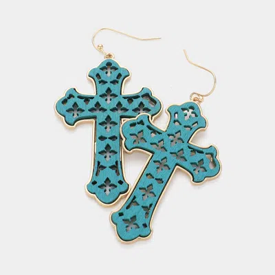 Fashnzfab Cutout Wood Cross Dangle Earrings In Blue