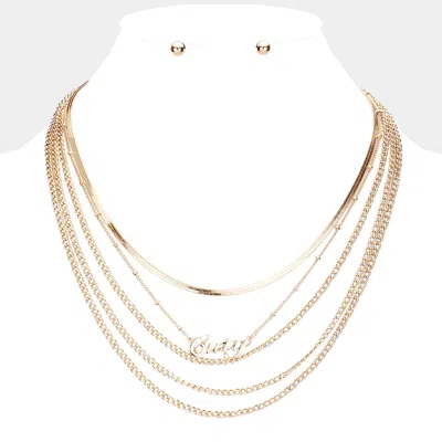 Fashnzfab Cuty Pendant Multi Layered Metal Chain Bib Message Necklace In Purple