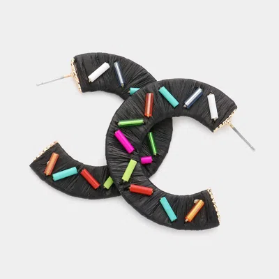 Fashnzfab Cylinder Bead Embellished Raffia Hoop Earrings - Black