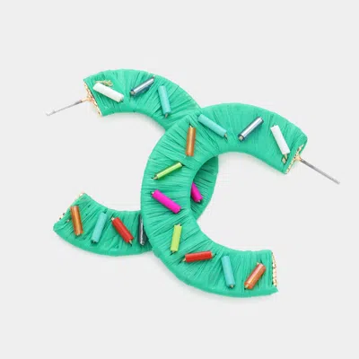 Fashnzfab Cylinder Bead Embellished Raffia Hoop Earrings - Green