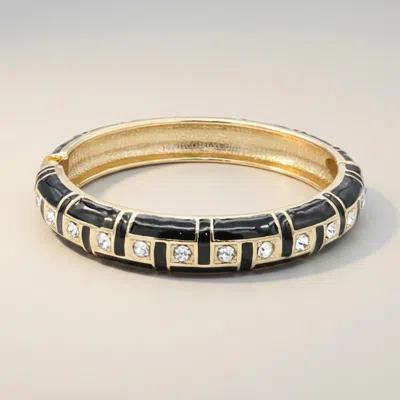 Fashnzfab Cz Accent Enamel Hinged Bangle Bracelet In Black