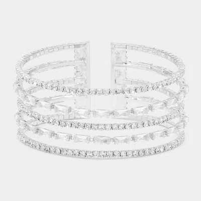 Fashnzfab Cz Baguette Stone Accented Split Cuff Evening Bracelet Silver