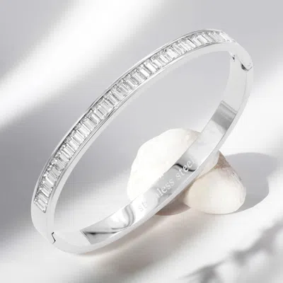 Fashnzfab Cz Baguette Stone Cluster Stainless Steel Evening Bracelet Silver