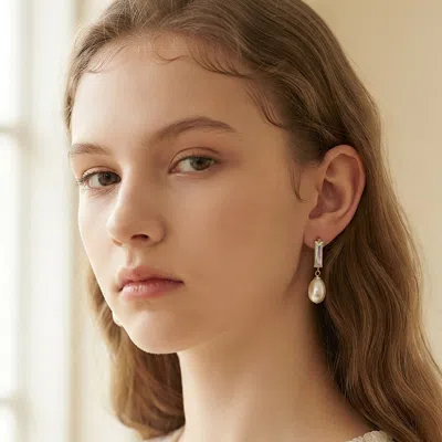 Fashnzfab Cz Bar Oval Pearl Drop Earrings In Gold