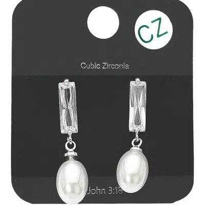 Fashnzfab Cz Bar Oval Pearl Drop Earrings In Silver
