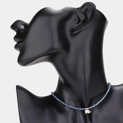 Fashnzfab Cz Brass Metal Elephant Pendant Faceted Beaded Choker Necklace In Blue