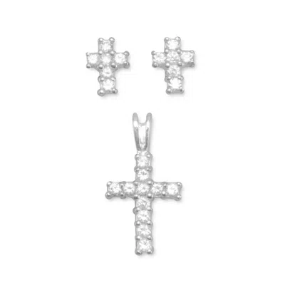 Fashnzfab Cz Cross Earrings/pendant Set In Metallic