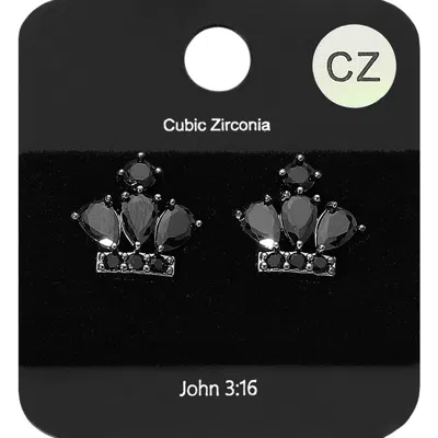 Fashnzfab Cz Crown Stud Earrings In Black