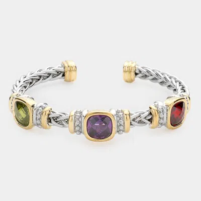 Fashnzfab Cz Cushion Square Stone Accented Cuff Bracelet In Metallic