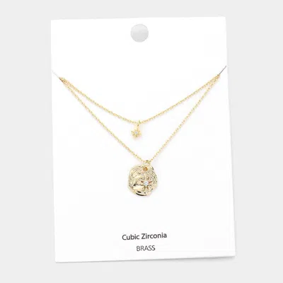 Fashnzfab Cz Embellished Brass Metal North Star Pendant Double Layered Necklace Gold