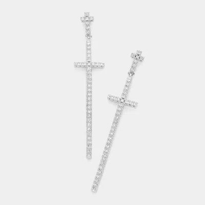 Fashnzfab Cz Embellished Double Cross Link Dangle Evening Earrings - Silver In Metallic
