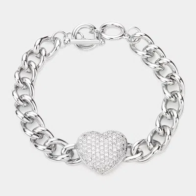 Fashnzfab Cz Embellished Heart Charm Toggle Bracelet Silver