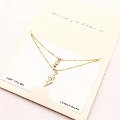 Fashnzfab Cz Embellished Metal Lightning Pendant Double Layered Necklace In Gold