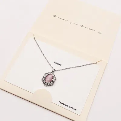 Fashnzfab Cz Embellished Oval Pendant Necklace In Silver