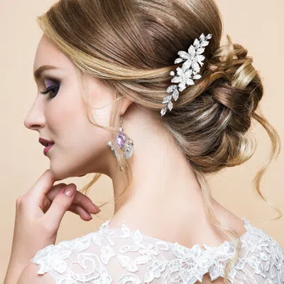 Fashnzfab Cz Floral Stone Cluster Embellished Hair Comb In Silver