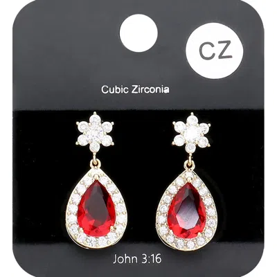 Fashnzfab Cz Flower Accented Teardrop Dangle Evening Earrings In Metallic
