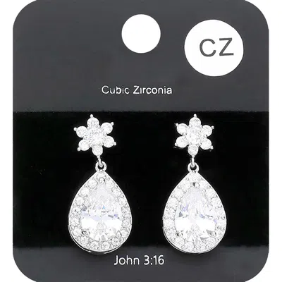 Fashnzfab Cz Flower Accented Teardrop Dangle Evening Earrings In Silver