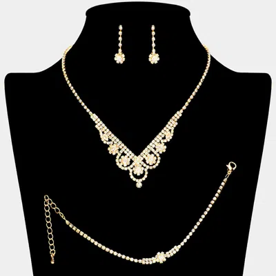 Fashnzfab Cz Flower Pointed Rhinestone Paved Necklace Jewelry Set In Gold