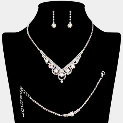 Fashnzfab Cz Flower Pointed Rhinestone Paved Necklace Jewelry Set In Silver