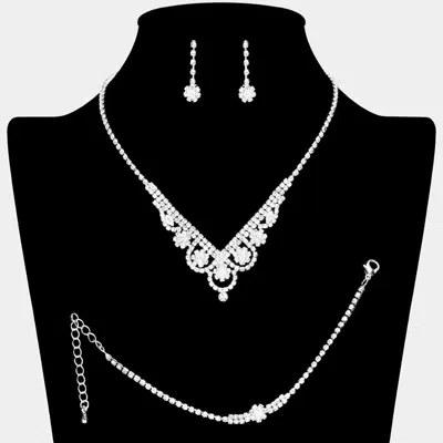 Fashnzfab Cz Flower Pointed Rhinestone Paved Necklace Jewelry Set In Silver