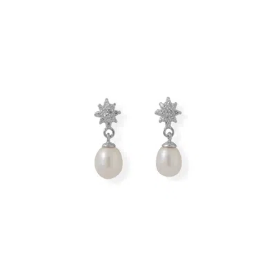 Fashnzfab Cz Flower Post With Cultured Freshwater Pearl Drop Earrings In Silver