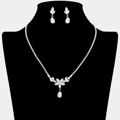 Fashnzfab Cz Flower Teardrop Stone Dangle Rhinestone Paved Necklace In Silver