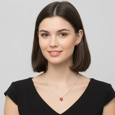 Fashnzfab Cz Heart Stone Cluster Accent Rhinestone Paved Necklace - Red, Silver In Multi