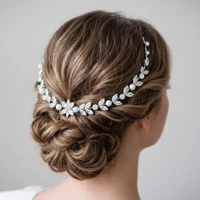 Fashnzfab Cz Marquise Floral Pearl Vine Bun Wrap Headpiece In Silver