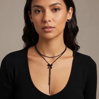 Fashnzfab Cz Marquise Stone Cluster Butterfly Accent Rhinestone Fringe Drop Layered Necklace In Black