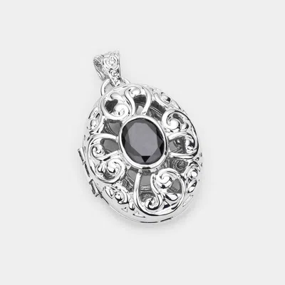 Fashnzfab Cz Oval Accented Filigree Metal Locket Pendant In Black