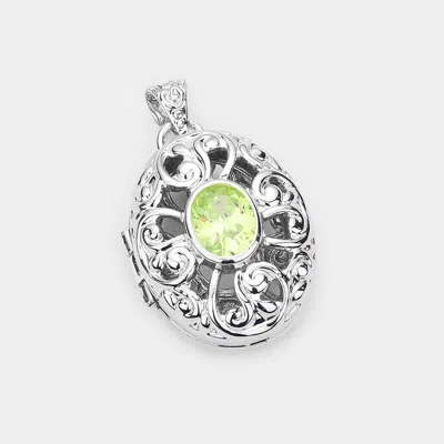 Fashnzfab Cz Oval Accented Filigree Metal Locket Pendant In Green