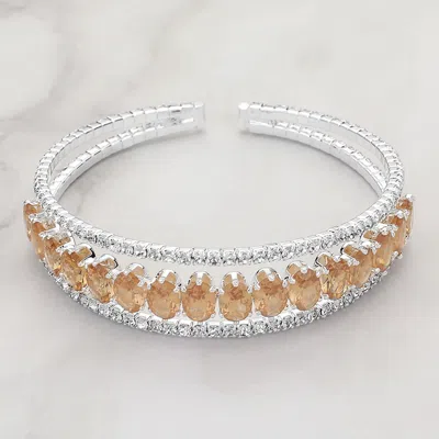 Fashnzfab Cz Oval Stone Accented Evening Cuff Bracelet Clear, Lt Col Topaz, Silver In Multi