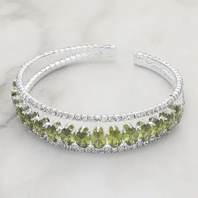 Fashnzfab Cz Oval Stone Accented Evening Cuff Bracelet Clear, Peridot, Silver In Multi