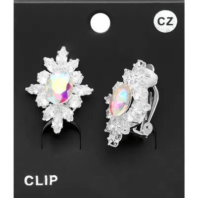 Fashnzfab Cz Oval Stone Pointed Marquise Round Stone Trimmed Clip On Earrings - Ab, Silver In Metallic