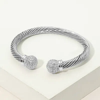 Fashnzfab Cz Pave Ball Tip Twisted Cable Cuff Bracelet In Silver