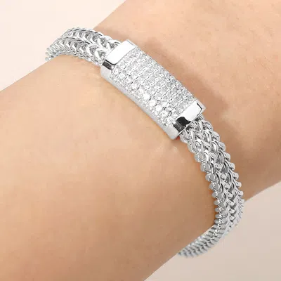Fashnzfab Cz Pave Bar Accent Textured Mesh Chain Magnetic Bracelet In Metallic